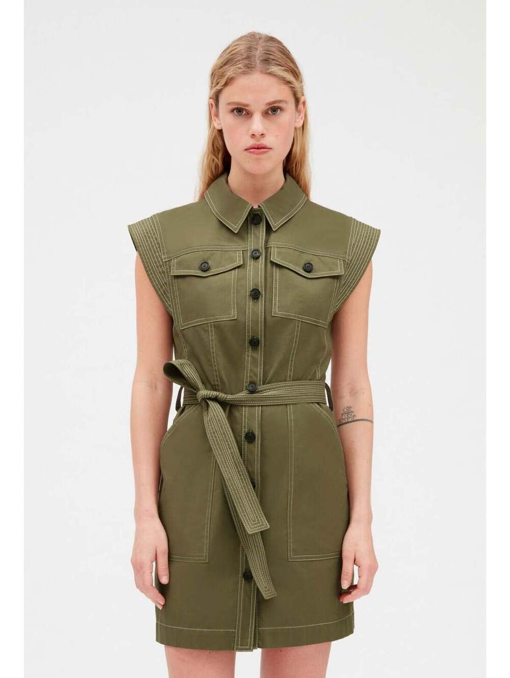 Claudie Pierlot Paris Olive Cotton Belted Utility Safari Mini Dress Fr 40 / US 8